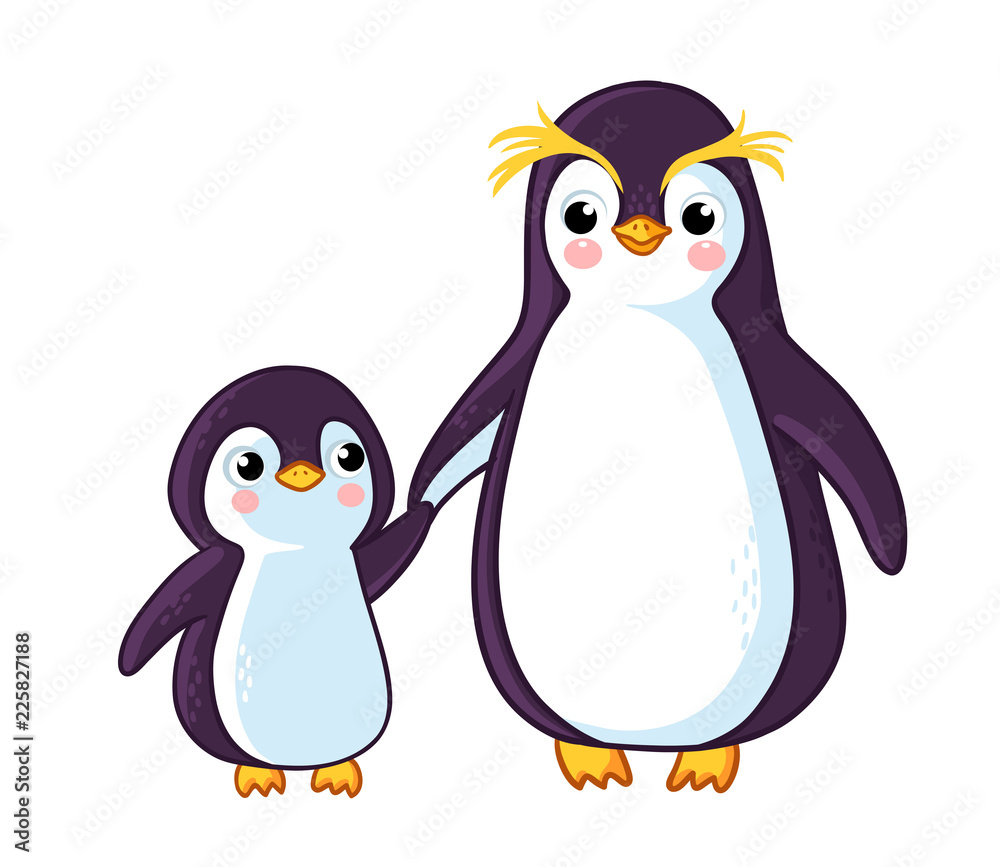 Fototapeta premium Pingwiny trzymają się za rękę. Śliczne zwierzęta na białym tle.