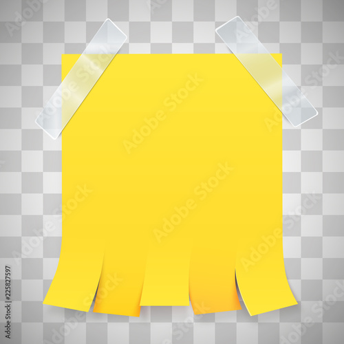 Blank yellow advertisement with tear off tabs and adhesive tape. Ad concept on transparent background. Vector illustration