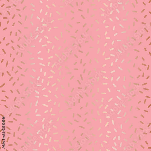 Rose gold copper foil on pink sprinkles seamless repeat vector pattern. Elegant luxury metallic shiny golden party decor. Baby shower, cards, invitation, celebration, page fill, Christmas, New Year