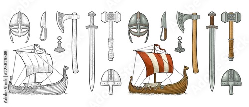 Set viking. Knife, drakkar, axe, helmet, sword, hammer, thor amulet