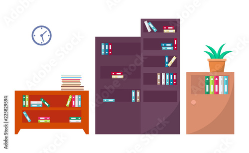 Bookcases Office Interior Set Vector Illustration