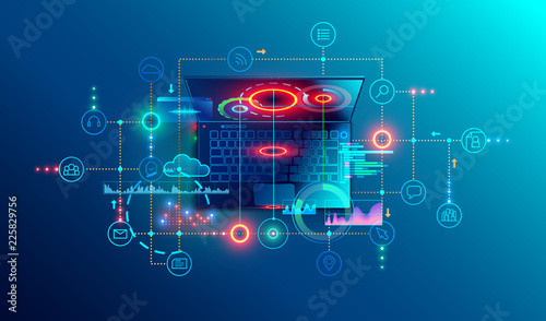 Programming or Software development abstract concept. Top view at screen laptop with business icons, programming language or fragments coding. Technology banner of Software developer company