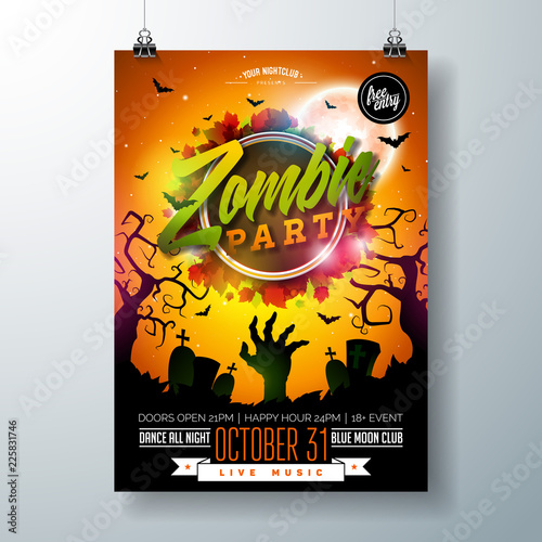 Halloween Zombie Party flyer illustration with cemetery and mysterious moon on orange background. Vector Holiday design template with tomstones and flying bats for party invitation, greeting card