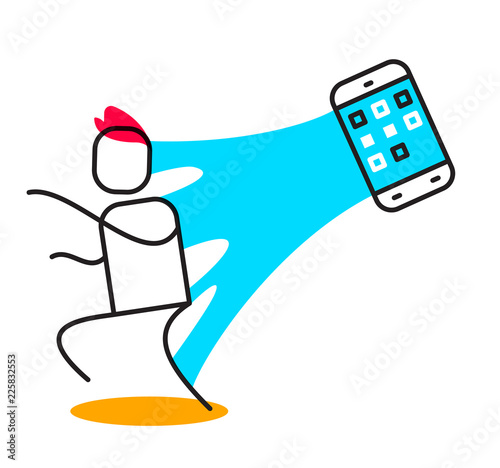 Vector business illustration of man adhered to the web of phone. Dependency on social media linear concept.