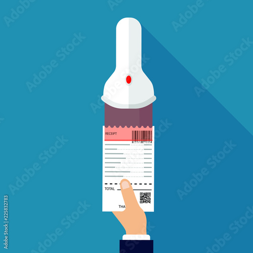 Hand holds and scan receipt with barcode. Scanning barcode label sticker. Vector illustration isolated on blue background.