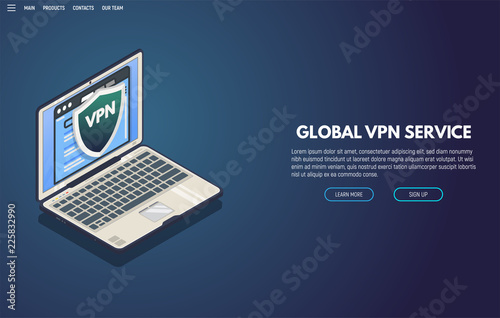 VPN protection. Isometric laptop with browser and shield protecting connection. Online vpn connection. Computer virtual private network. Web security concept. Isometry vector illustration.