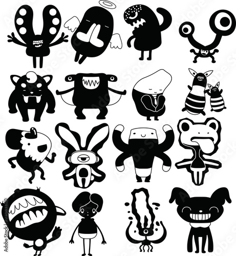Black Comic cute monster vector set