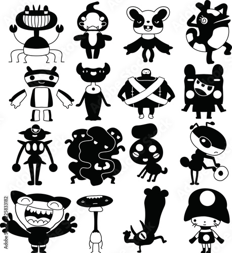 Black Comic cute monster vector set
