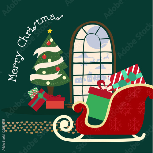 Merry Christmas and Happy New Year, Santa in a sleigh with reindeer sled in white on a red background, Christmas advertising concept. design vector with copy space.