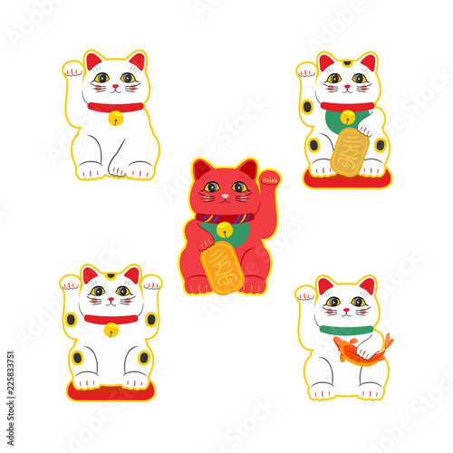 Vector flat style set of Japanese Lucky Cat Maneki Neko. Icon for web. Isolated on white background.