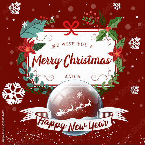 Merry Christmas and Happy New Year, Santa in a sleigh with reindeer sled in white on a red background, Christmas advertising concept. design vector with copy space.