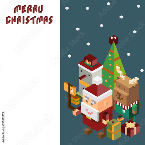 Pixel Santa Claus and Reindeer and snowman ,Merry Christmas and Happy New Year background,paper art and digital craft style, Christmas advertising concept.