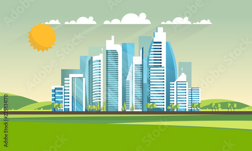 Urban landscape with high futuristic skyscrapers. Vector illustration.