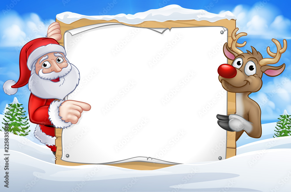 Santa Claus and Reindeer Christmas cartoon characters in a winter scene  pointing at a sign Stock Vector | Adobe Stock