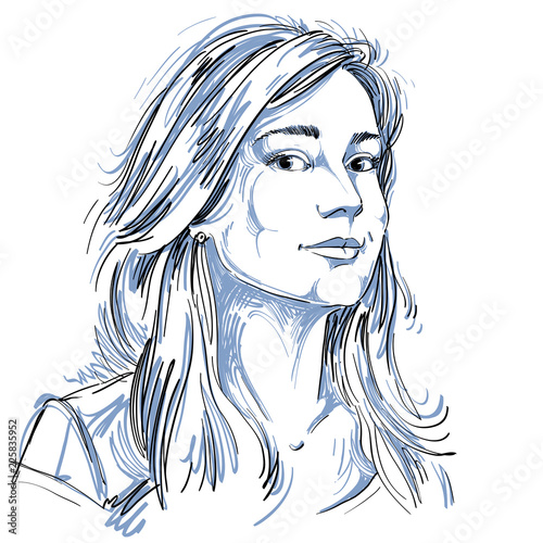 Vector art drawing, portrait of gorgeous dreamy girl isolated on white. Facial expressions, people positive emotions, tender lady.