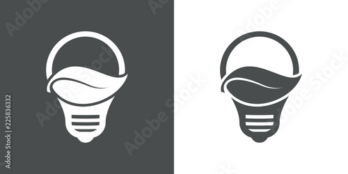 Logotipo bombilla con hoja horizontal en gris y blanco