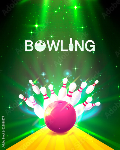 Bowling club poster with the bright background. Vector illustration