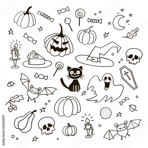 Set of Halloween doodles. Black and white vector illustration.