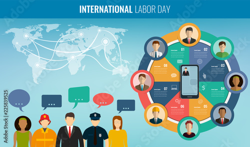 People of different occupations with infographics elements. Professions icons set. Business template for international labor day. Vector