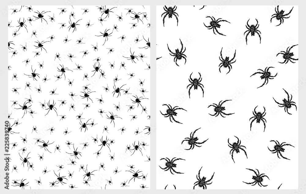 Scary Black Spiders Seamless Vector Patterns Set. Halloween Print WIth Black Spiders Isolated on a White Background. Fat Spooky Hairy Spiders. Black Tiny Spiders Endless Print. 