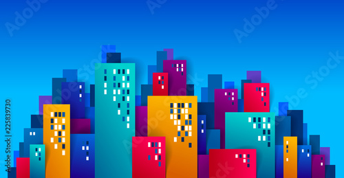 Cityscape cartoon vector illustration in paper cut kids application style, high city buildings real property houses.