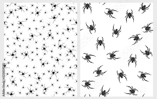Scary Black Spiders Seamless Vector Patterns Set. Halloween Print WIth Black Spiders Isolated on a White Background. Fat Spooky Hairy Spiders. Black Tiny Spiders Endless Print. 