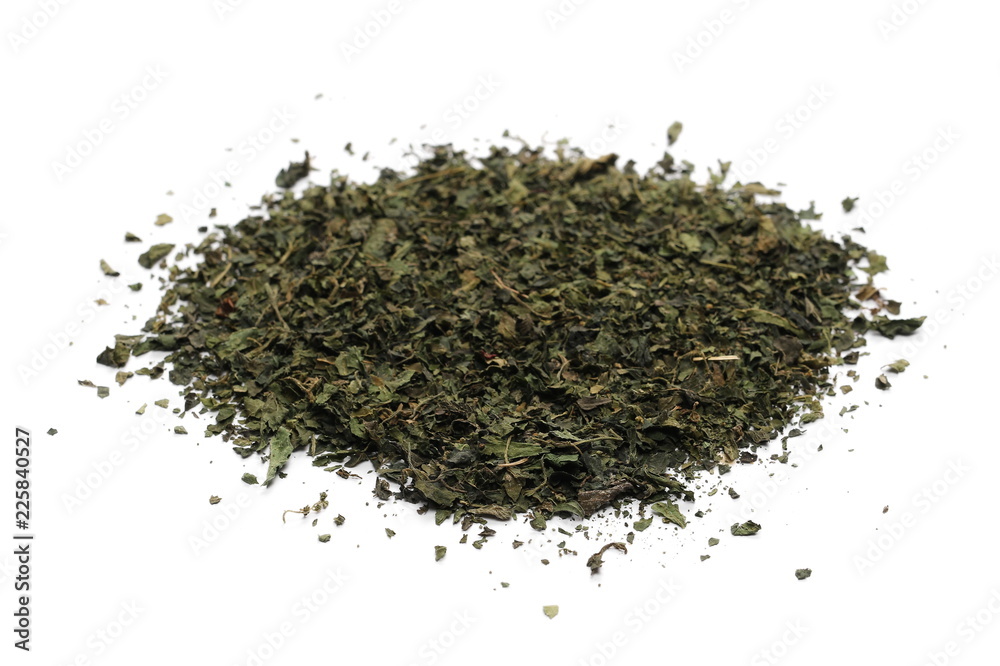Dry, cut and sliced nettle pile, isolated on white background Dry, cut and sliced nettle pile, isolated on white background
