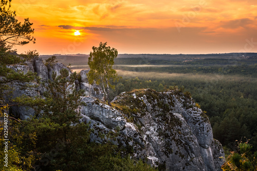 Sunset over the rocks in Mirow on the jura krakowsko-czestochowska, Silesia, Poland