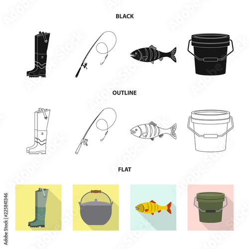 Vector design of fish and fishing logo. Collection of fish and equipment stock symbol for web.