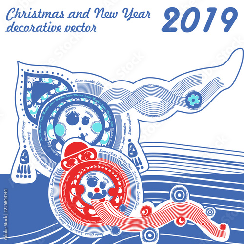 Russian grandfather frost (Santa claus) and Snow maiden in kokoshnik on a white background. Funny new year characters. Vector illustration icon in cartoon style.