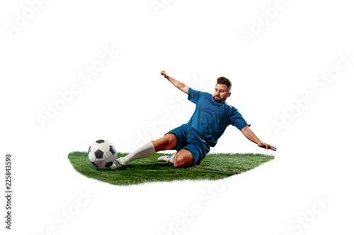 Fotografía Football player tackling for the ball over white background