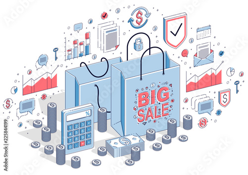 Sellout concept, Retail, Big Sale, Shopping Bag with cash money stacks and coin piles isolated on white. Isometric 3d vector finance illustration with icons, stats charts and design elements.