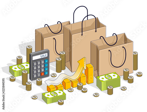Big Sale concept, Retail, Sellout, Shopping Bag with cash money stacks and calculator isolated on white background. Vector 3d isometric business and finance illustration, thin line design.