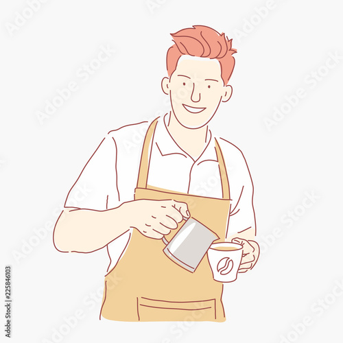 Cute barista at work. Young guy pours coffee into a cup