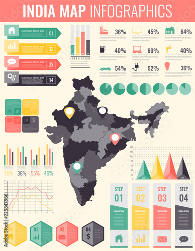 India map with Infographic elements. Infographics layouts. Vector