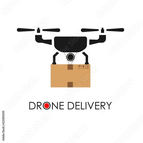 Flat design of aerial drone with action camera. Quadcopter top view icon. Robot delivery concept. Isolated vector illustration. Logo template.