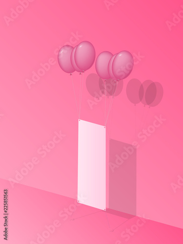 Balloon floating hold white banner. Used pink color shade for decoration.