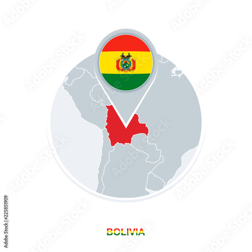 Bolivia map and flag, vector map icon with highlighted Bolivia