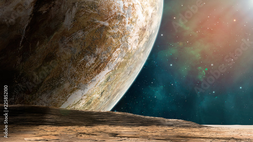Fototapeta Naklejka Na Ścianę i Meble -  Space scene. Coloful nebula with planet and land. Elements furnished by NASA. 3D rendering