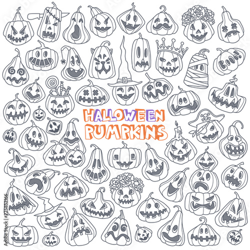 Jack-o'-lantern doodle set. Halloween carved pumpkins cartoon style vector illustration isolated on white background.