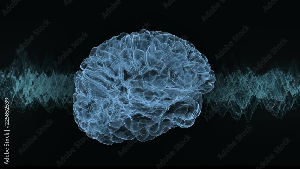 Brain research with frequency waves.
Loop ready animation with rotating brain model.