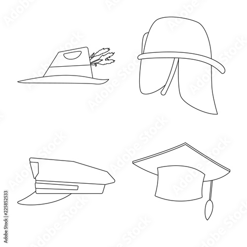 Vector illustration of headgear and cap symbol. Collection of headgear and accessory stock symbol for web.