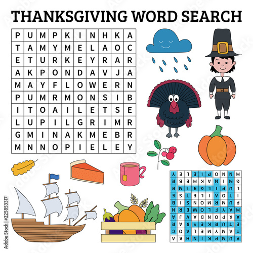 Learn English with Thanksgiving word search game for kids. Vector illustration.