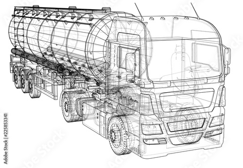 Sketch of a truck with a tank vector. Created illustration of 3d. Wire-frame.