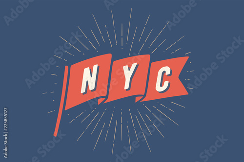 Flag NY. Old school flag banner with text New York City, USA. Ribbon flag in vintage style with linear drawing light rays, sunburst and rays of sun. Hand drawn design element. Vector Illustration