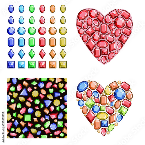A set of multi-colored gems. Contains precious stones of different shapes, a seamless pattern and hearts of diamonds. Vector..