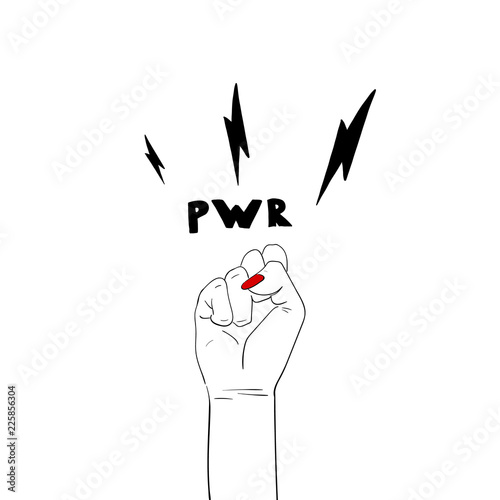 Fashion illustration. Woman's hand with fist raised up. Girl Power. Feminism concept. Realistic style illustration isolated on white. Sticker, patch graphic design. Girl power quote with female fist