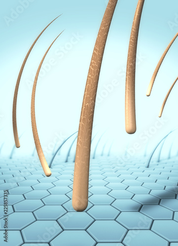 3d illustration of several falling hairs that detach from the skin so called hair loss