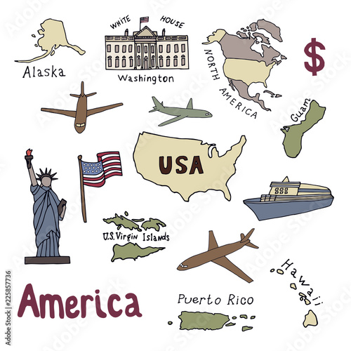 Map of the United States of America and the symbols of America. North America, Alaska, USA, Hawaii, Guam and the US Virgin Islands. Statue of Liberty. Hand drawn vector illustration.