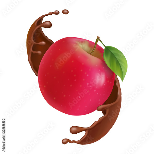 Red apple in chocolate splash realistic 3d illustration